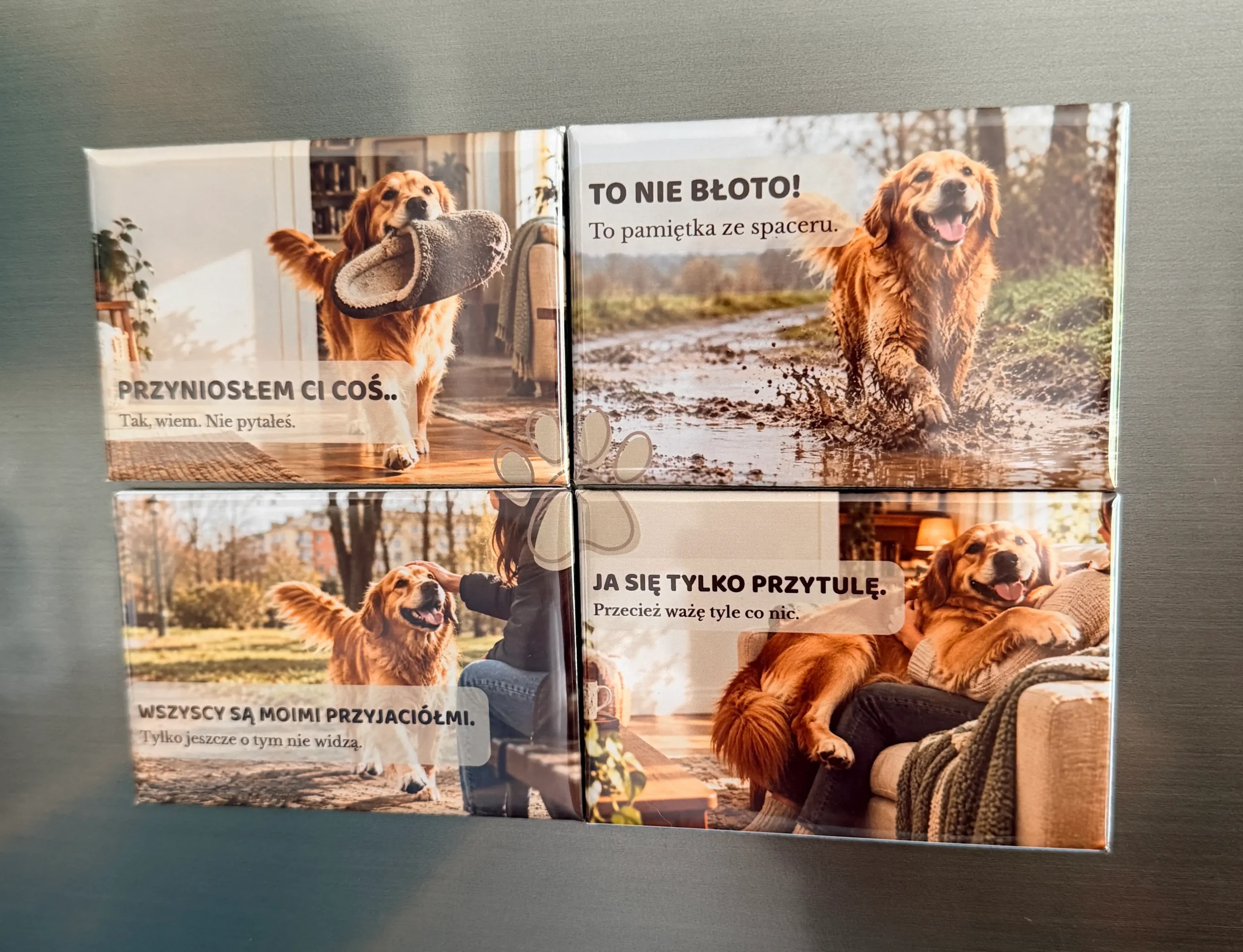 Zestaw czterech magnesów DOMOWE HISTORIE z golden retrieverem